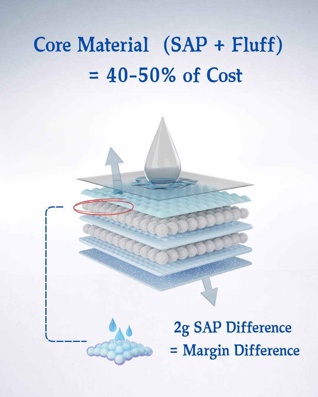 different sap quantity and cost affect on diapers materials