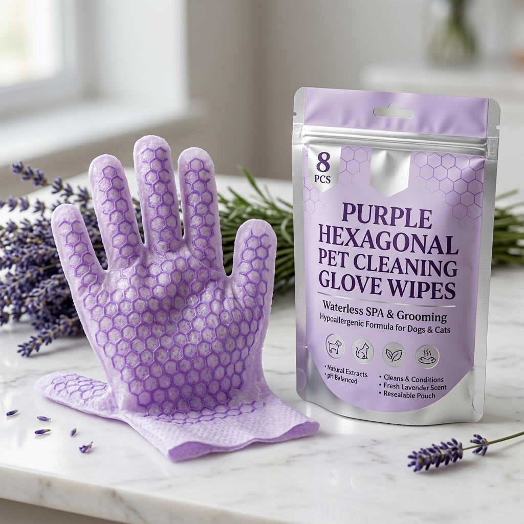 Purple Hexagonal pet cleaning wipe gloves 8 pack