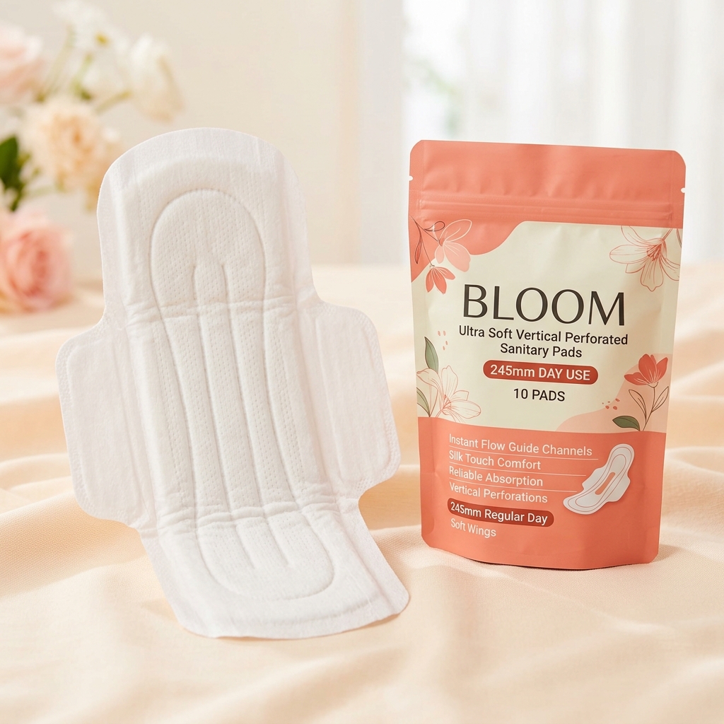 Ultra soft sanitary pad with vertical perforated breathable topsheet for feminine hygiene